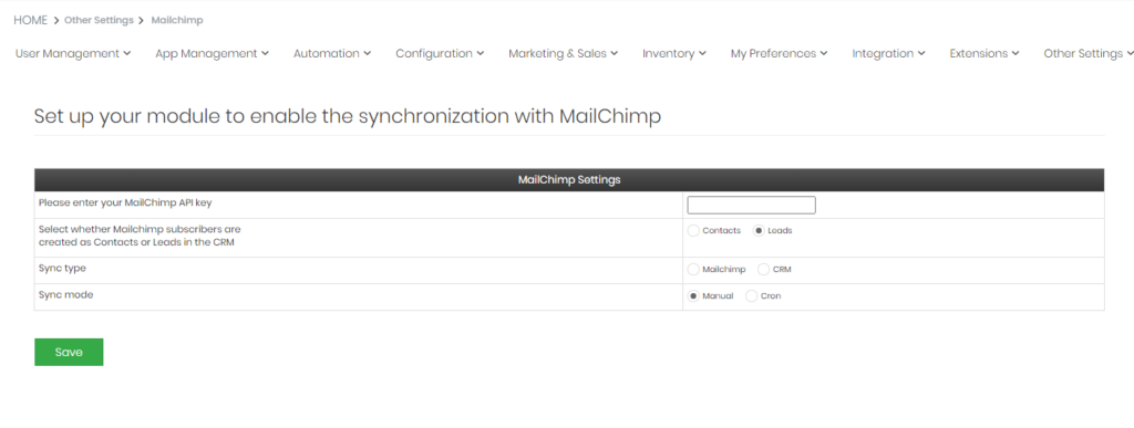 Mailchimp options in Simply CRM