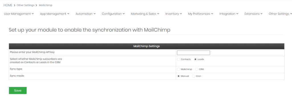 Mailchimp-muligheder i <span class='notranslate'>Simpelthen CRM</span>