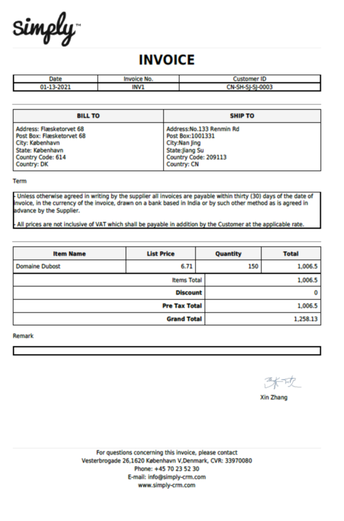 Simply CRM Final Invoice Made in Document Designer