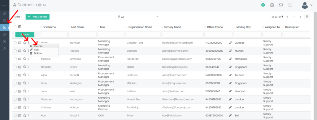 Detailed View of a Contact Record in Simply CRM