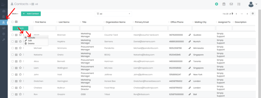 Detaljeret visning af en kontaktpost i <span class = 'notranslate'> Simply CRM </span>