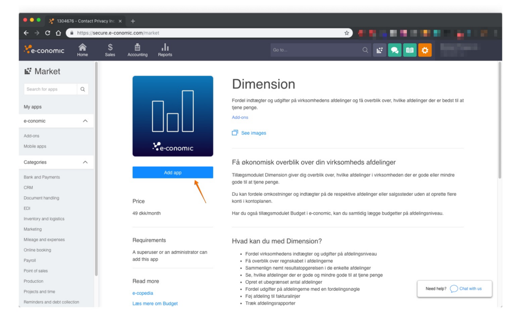 Add Dimension add-on in E-conomic